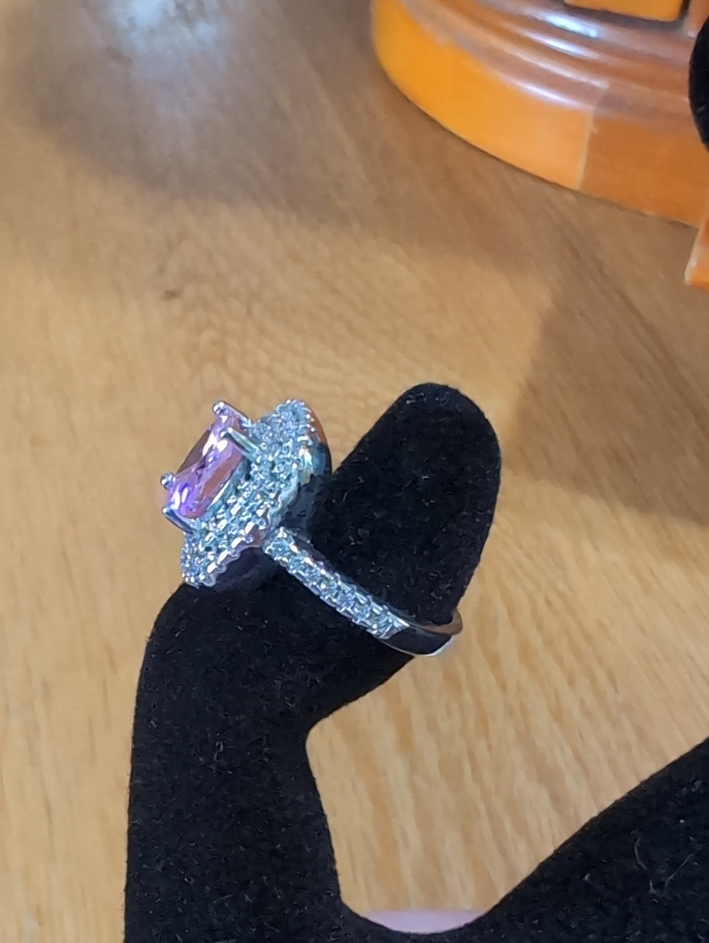 Silver Halo Ring with Pink Cushion Center Stone - Picture 2 of 3